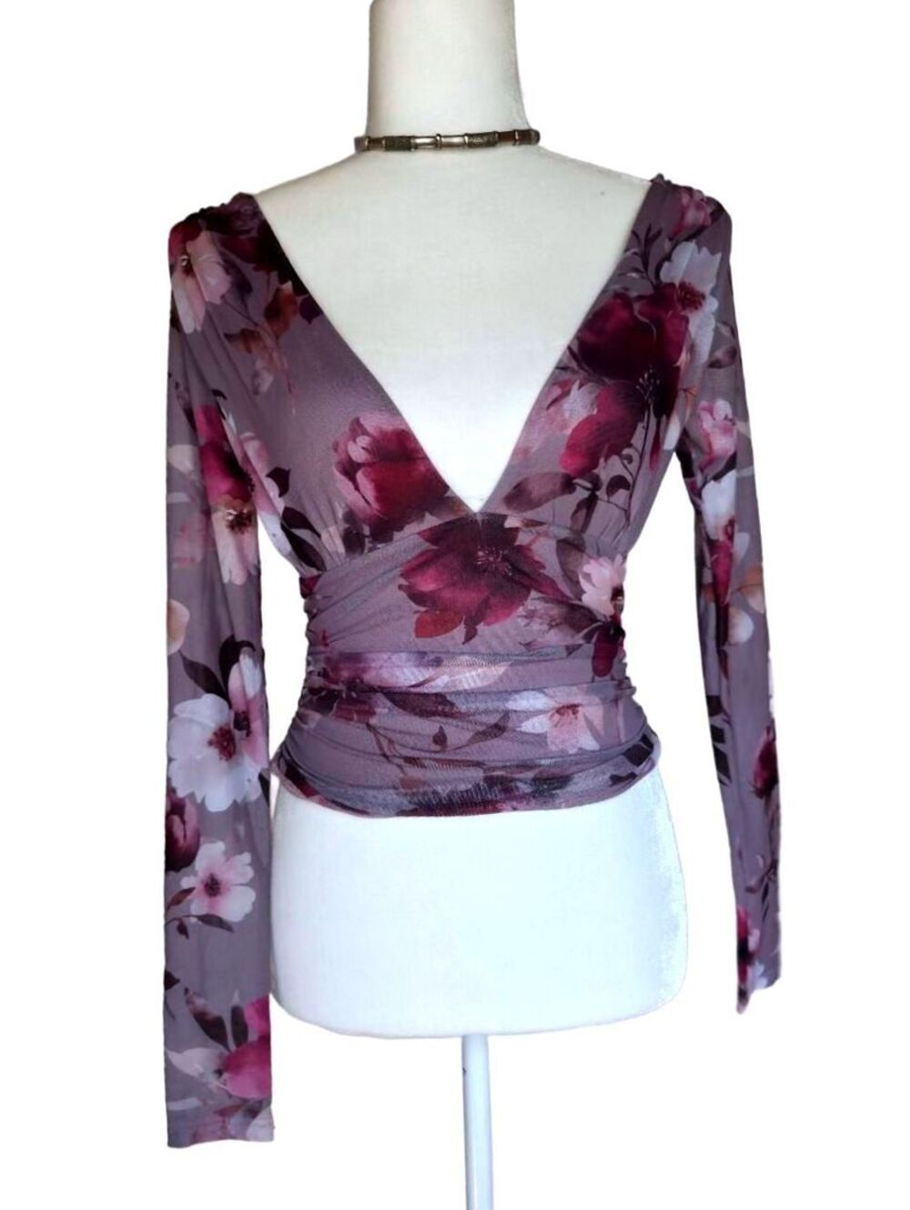 Windsor Mauve Floral Sheer Mesh Backless Plunging Ruched Long Sleeve Top Small